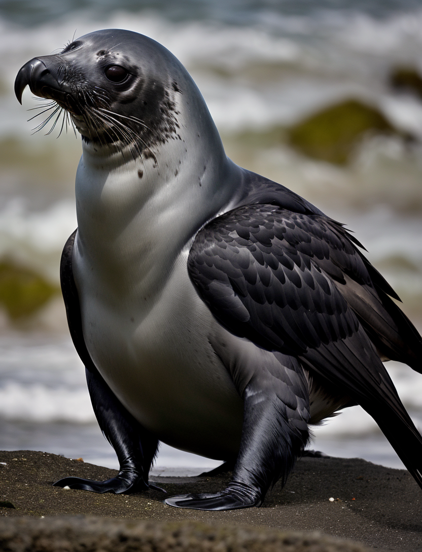 realistic photo of seal crow hybrid